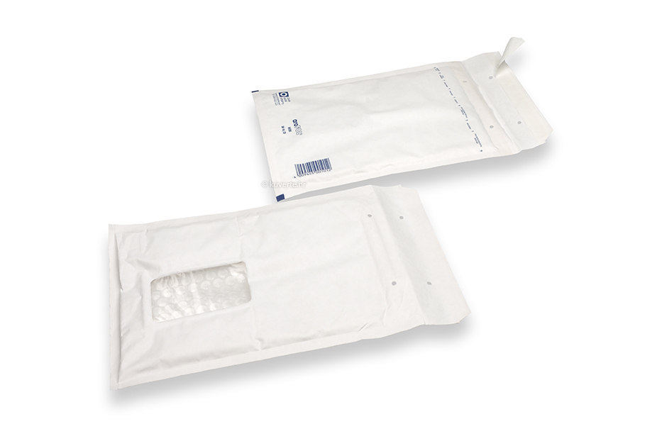 Bijele kuverte sa zaštitnim zračnim jastučićima i prozorčićem - 175 x 265 mm, prozorčić slijeva 55 x 90 mm, položaj prozora 30 mm sa lijevo i 70 mm gornja strana