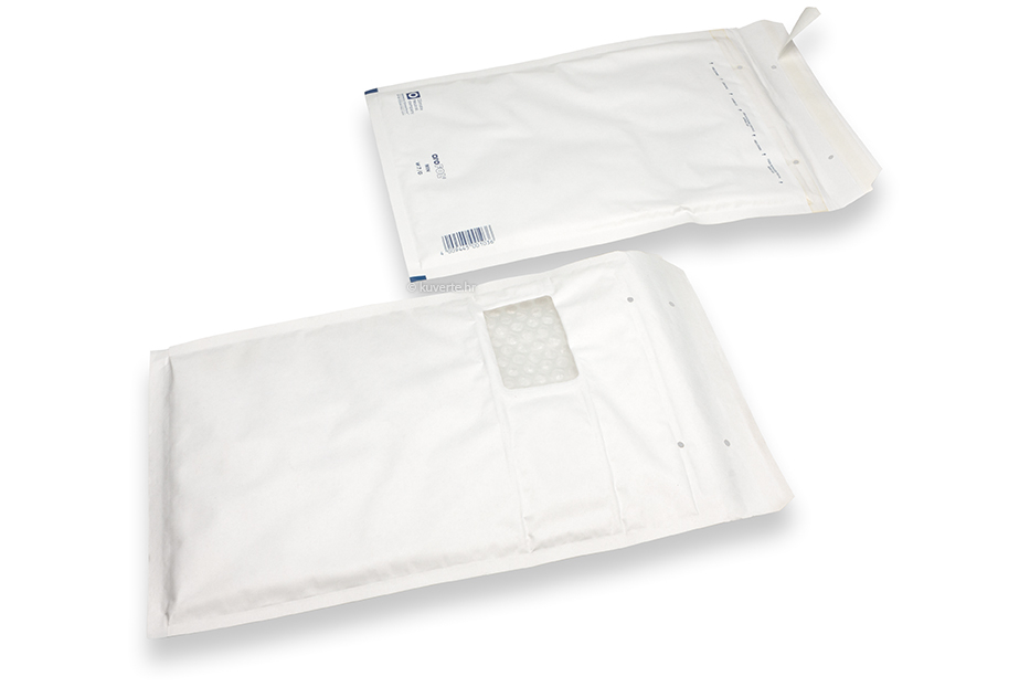 Bijele kuverte sa zaštitnim zračnim jastučićima i prozorčićem - 225 x 340 mm, prozorčić slijeva 55 x 90 mm, položaj prozora 15 mm sa lijevo i 70 mm gornja strana