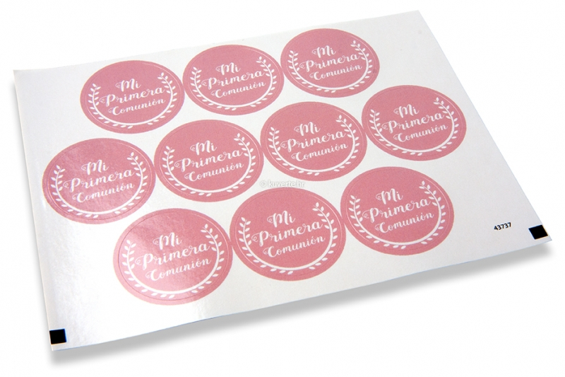 Naljepnice za kuverte povodom prve pričesti - mi primera comunión, ružičaste s bijelim vjenčićem