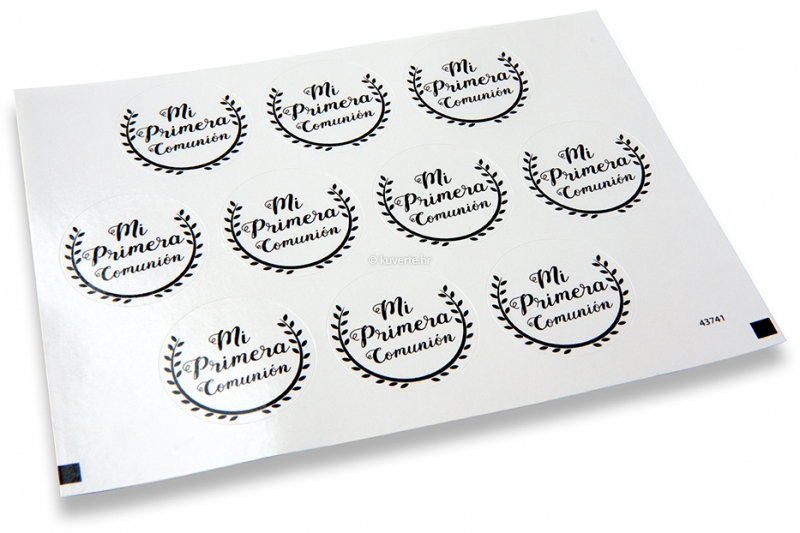 Naljepnice za kuverte povodom prve pričesti - mi primera comunión, bijele s crnim vjenčićem