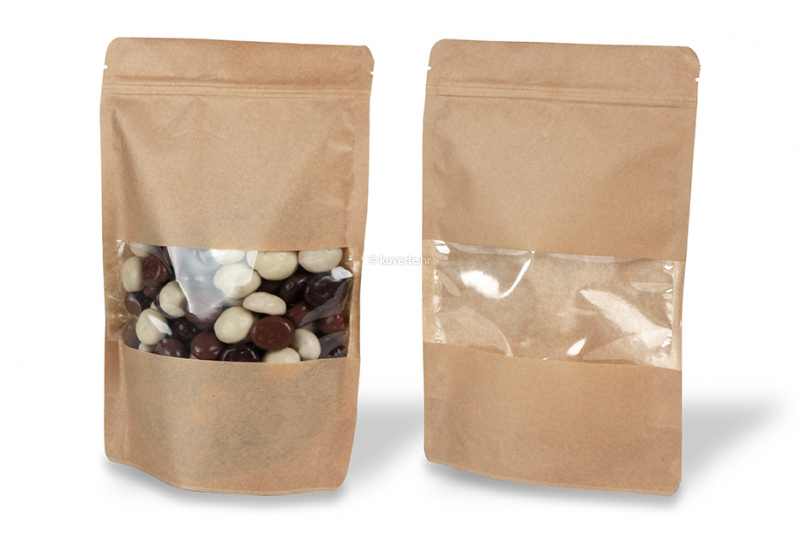 Samostojeće vrećice s prozorom - smeđa, 180 x 290 x 90 mm, 1000 ml