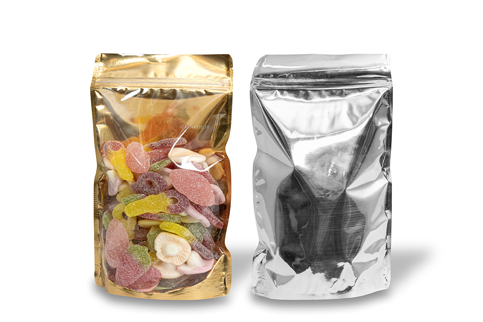 Samostojeće metalizirane prozirne vrećice - zlatna metalik, 160 x 270 x 80 mm - 750 ml